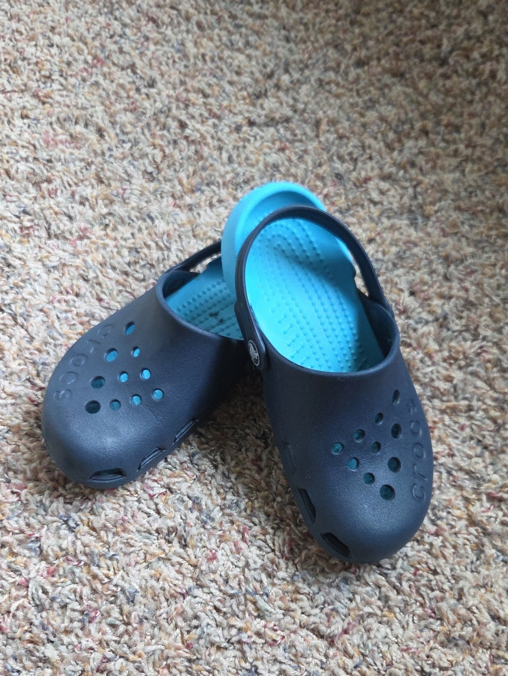 CROCS Kids Navy and Aqua Clogs with Heel Strap